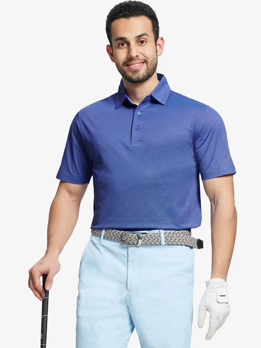 Half-body front view with golf club in hand, styled in PLUM BLUE Performance Ananas Jacquard Polo