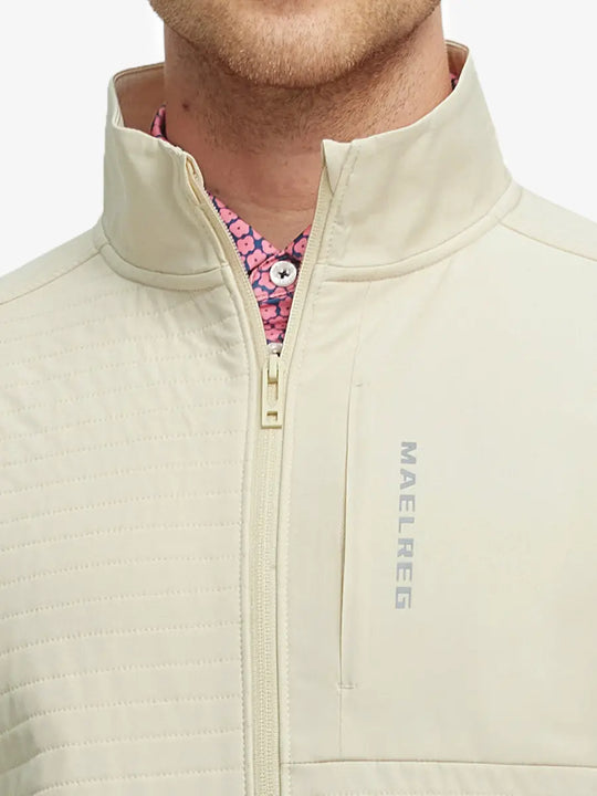 Close-up of the collar on the Light Khaki Softshell Jacket, highlighting quality detail