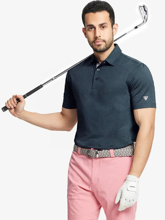 Front half-body shot of model holding golf club wearing Ventilated Heather Jacquard Polo – JUNGLE GREEN HEATHER