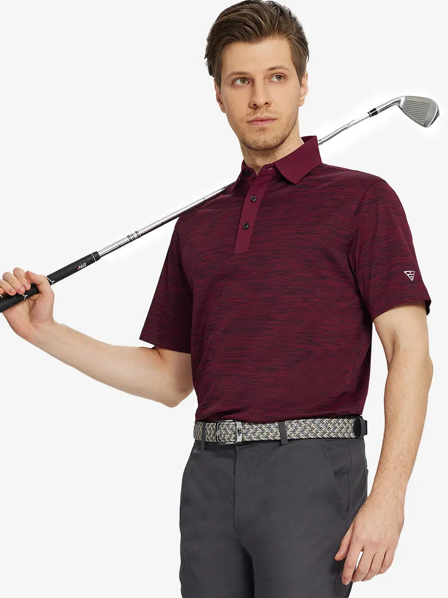 Model holding golf club in a half-body front pose wearing BURGUNDY HEATHER Cool Heather Texture Polo