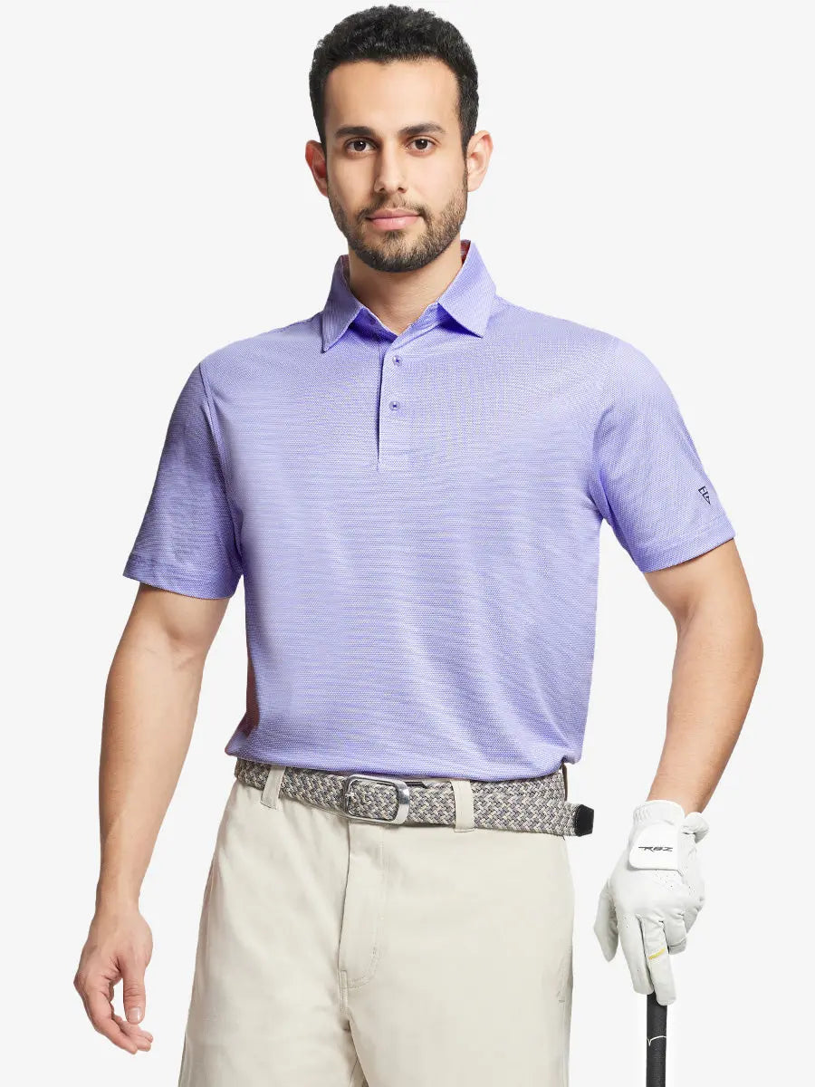 Model front half-body holding golf club in LAVENDER Performance Ananas Jacquard Polo