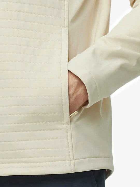 Detail shot of hand in right pocket showing the functional side pocket of Light Khaki Jacket