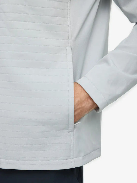 Hand-in-pocket detail showing the right-side pocket functionality of the Light Grey Jacket