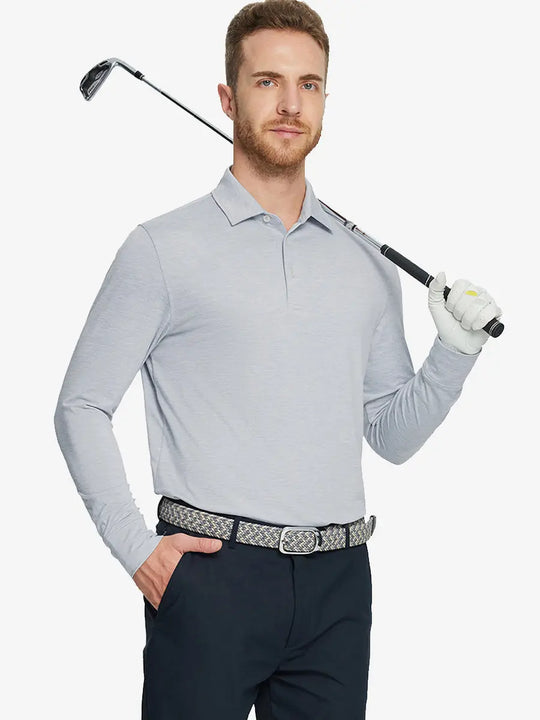 Model wearing Faded Denim Heather Skin-friendly Long Sleeve Melange Polo – front half-body holding golf club