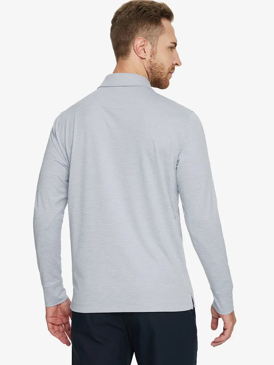 Faded Denim Heather Skin-friendly Long Sleeve Melange Polo – back half-body view on model