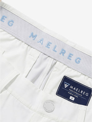 Detail view of inner waistband on white women's regular fit stretchy golf pants