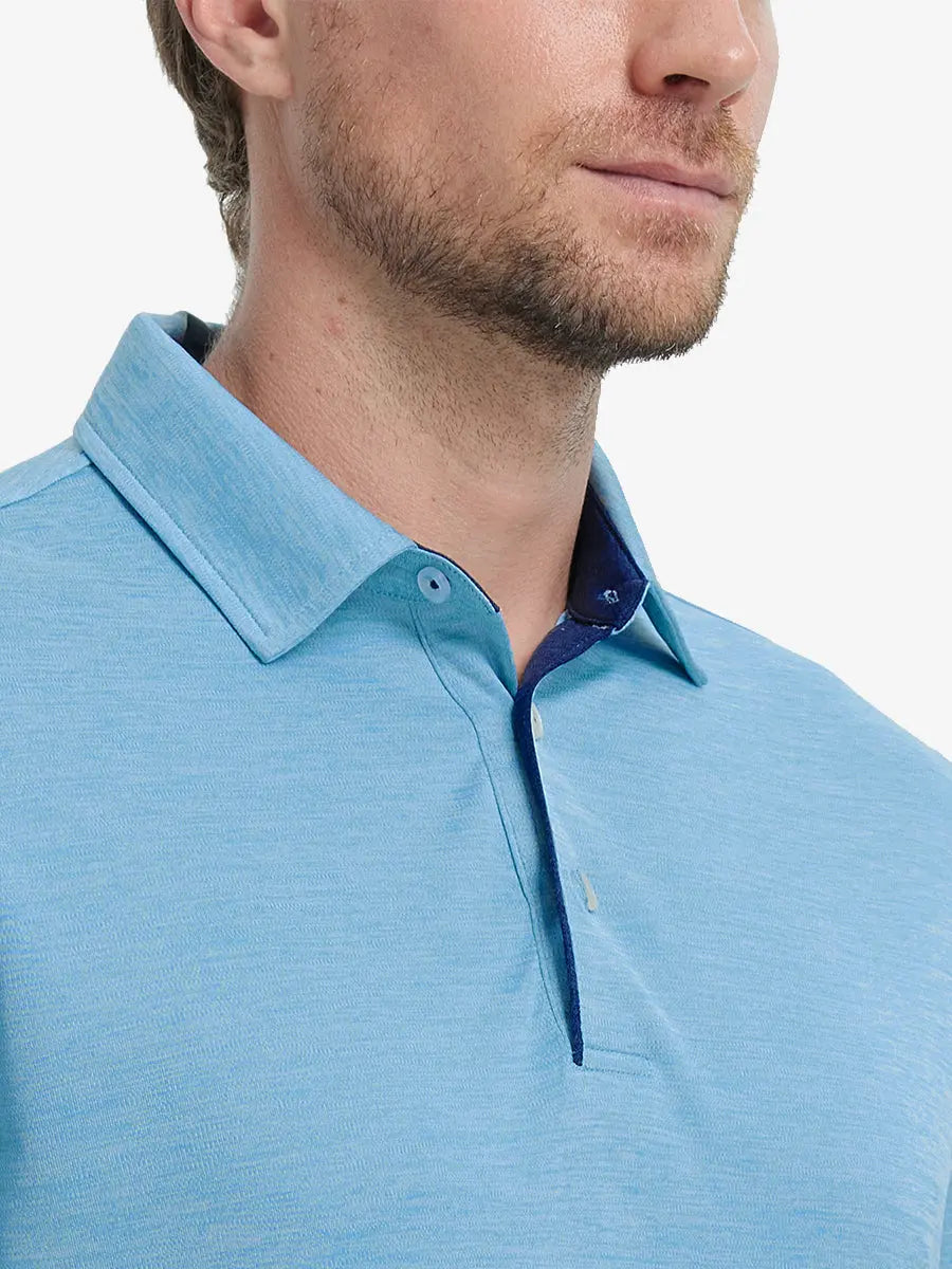 Close-up of Modern Fit Melange Polo front (nose to chest) in AQUA HEATHER, showing fresh melange texture.
