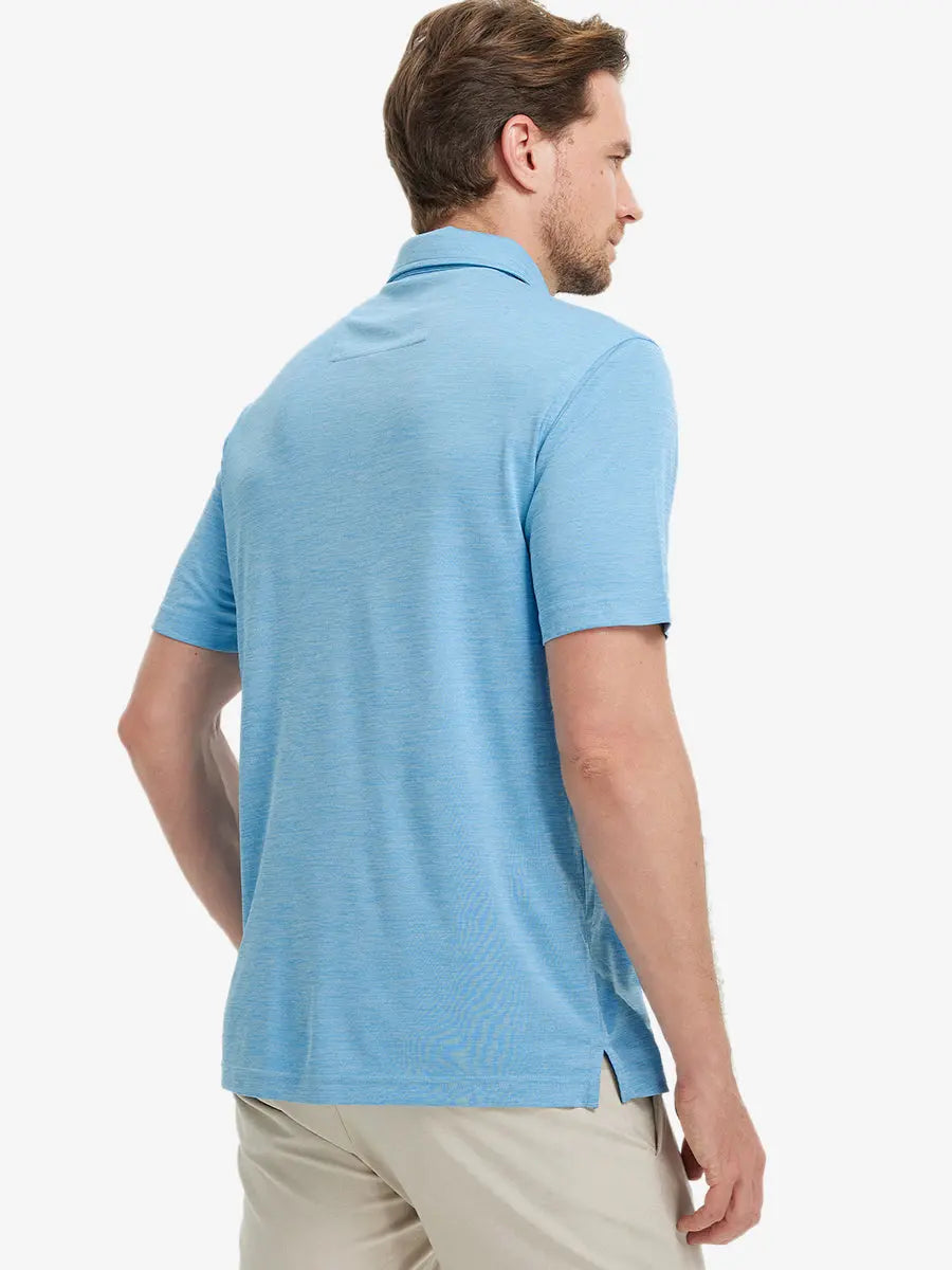 Rear half-body view of Modern Fit Melange Polo in AQUA HEATHER, showing neat fit and fabric details.