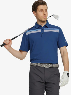 Model holding golf club in Blue Chest Print Polo Shirts