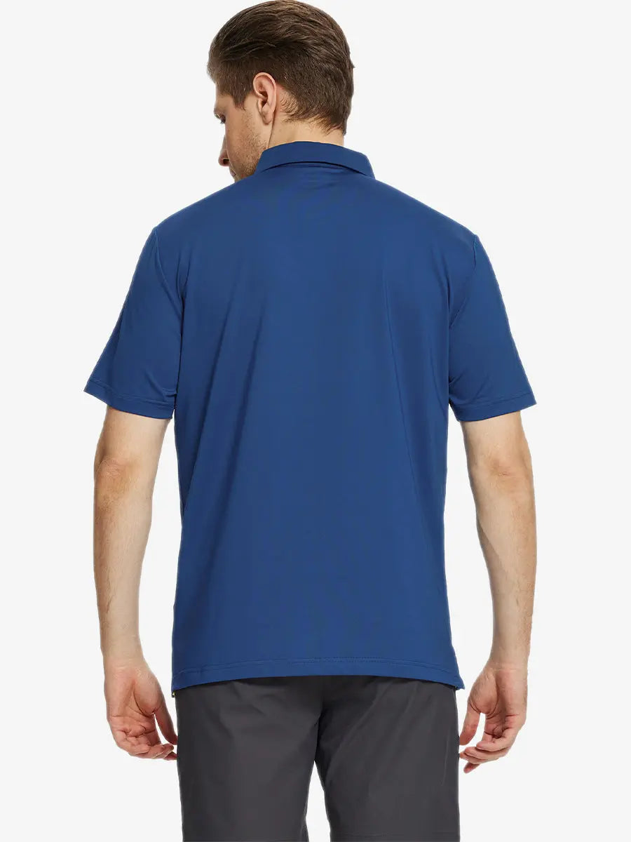 Back half-body view of Blue Chest Print Polo Shirts