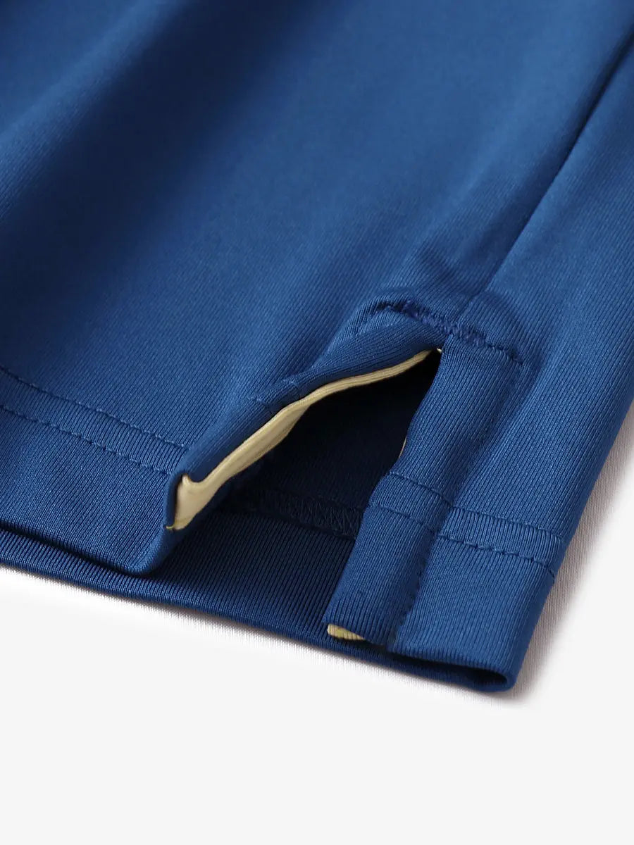 Close-up of side slit detail on Blue Chest Print Polo Shirts