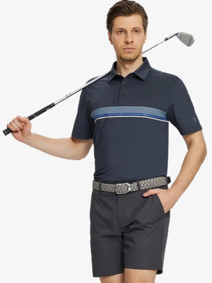 Model holding golf club in Dark Grey Chest Print Polo Shirts