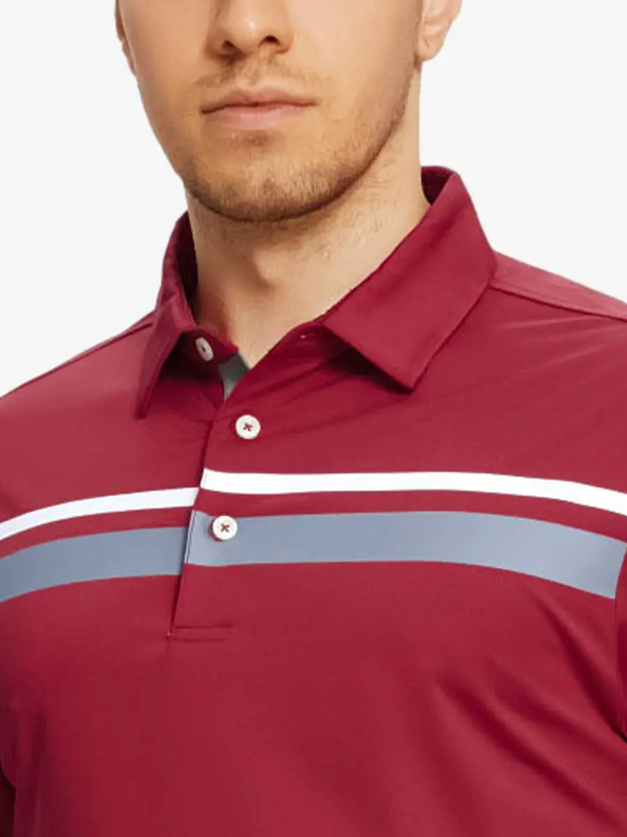 Front chest view of model wearing Chest Print Polo Shirts in Red