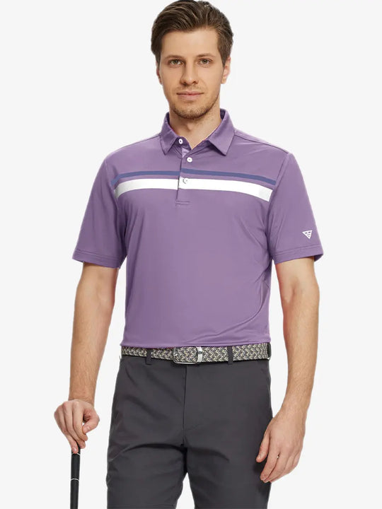 Model holding golf club in Lavender Chest Print Polo Shirts