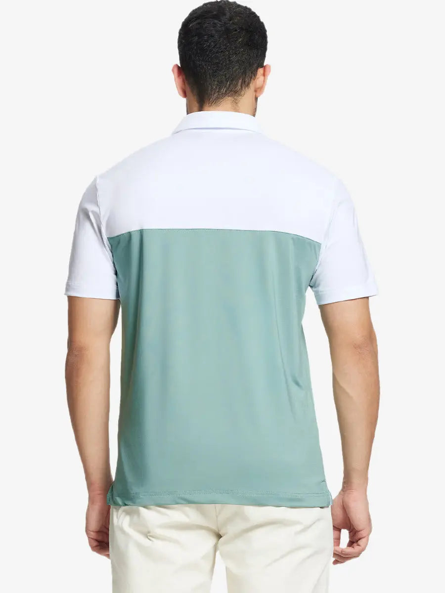 Back half-body view wearing BERYL GREEN Premium Performance Polo