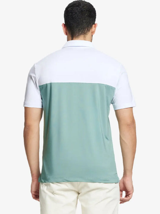 Back half-body view wearing BERYL GREEN Premium Performance Polo