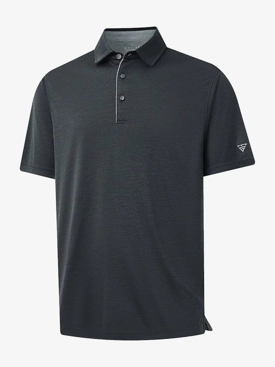 3D view highlighting Modern Fit Melange Polo in BLACK HEATHER, showcasing unique weave and tailored fit.