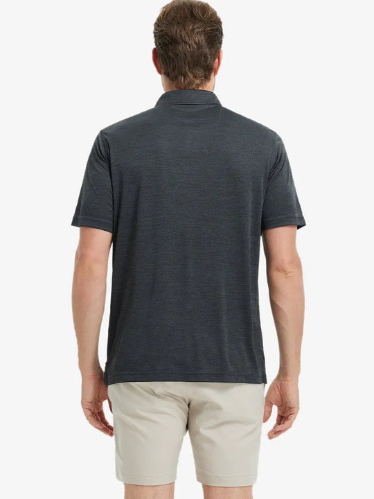 Rear half-body view of Modern Fit Melange Polo in BLACK HEATHER, showing fabric details and fit.