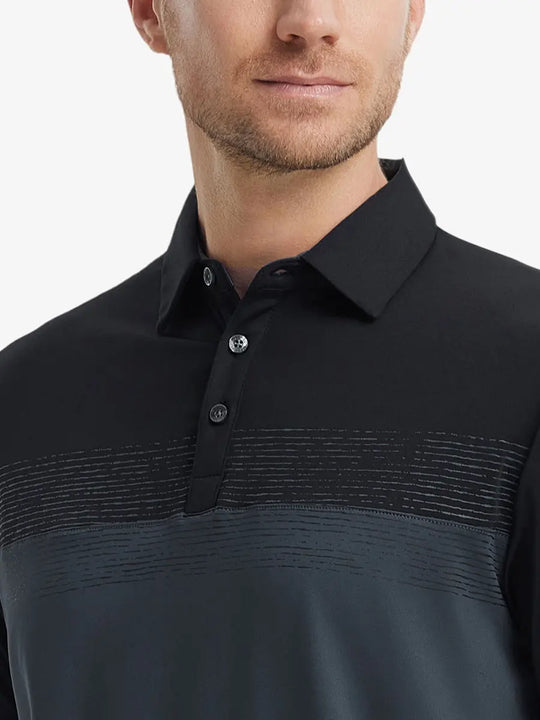 Front view from nose to chest in BLACKDARK GREY Premium Performance Polo