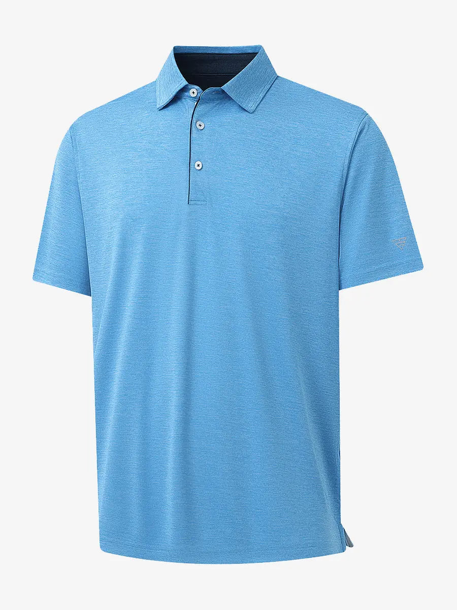 3D view highlighting Modern Fit Melange Polo in BLUE HEATHER, showcasing fabric weave and tailored fit.