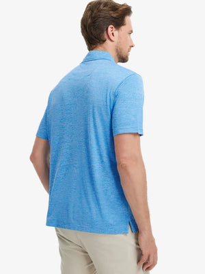 Rear half-body view of Modern Fit Melange Polo in BLUE HEATHER, showing fit and fabric details.