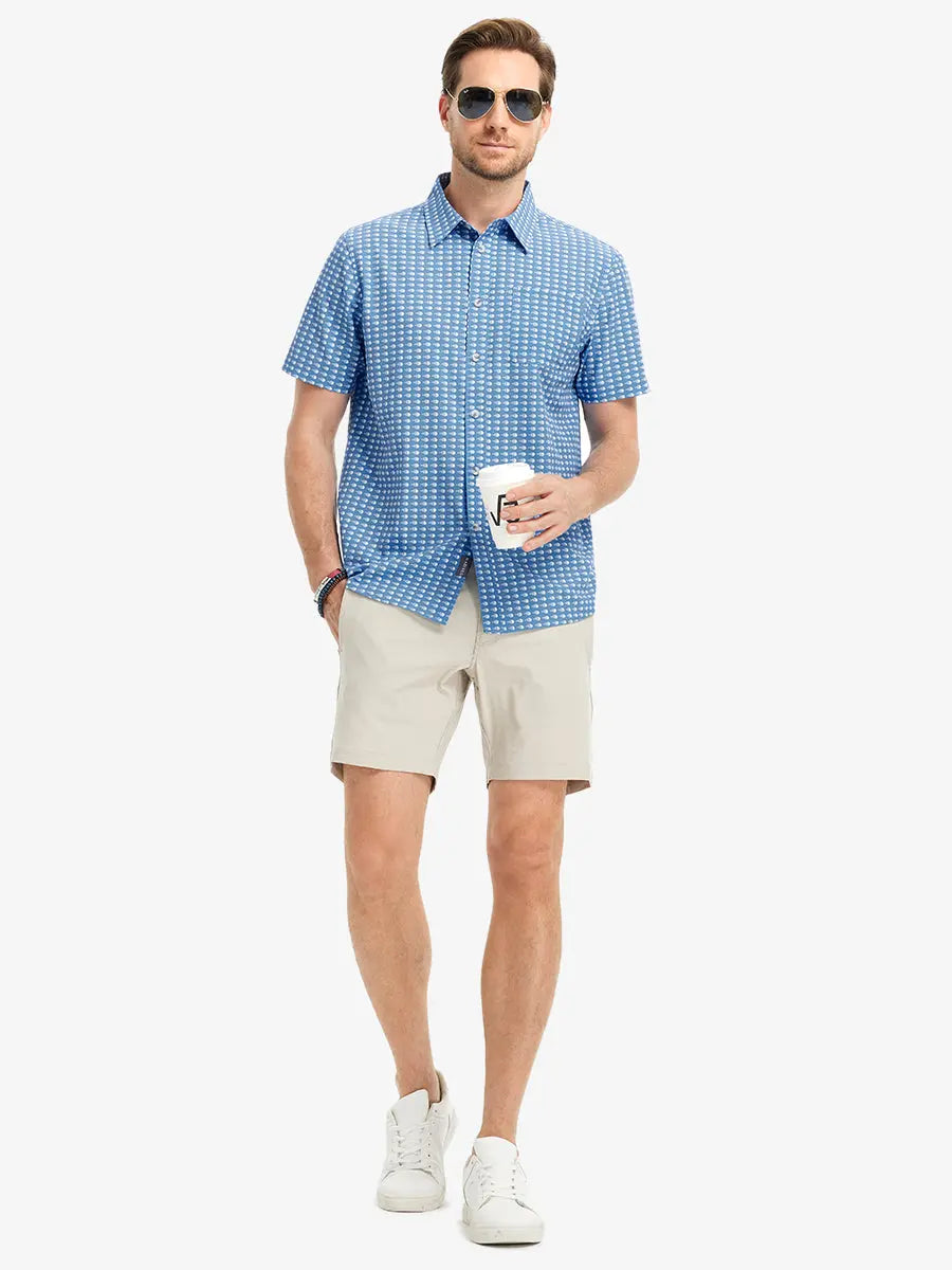 Full-body front view holding a takeaway drink cup, wearing BLUE WHITE BONEFISH Stylish Printing Summer Shirt.