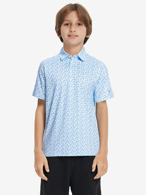 Model front upper body wearing Stylish print boys polo shirts in fresh blue dinosaur style