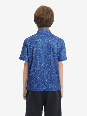 Back upper view of Stylish print boys polo shirts with clean lines and blue molecular structure tone