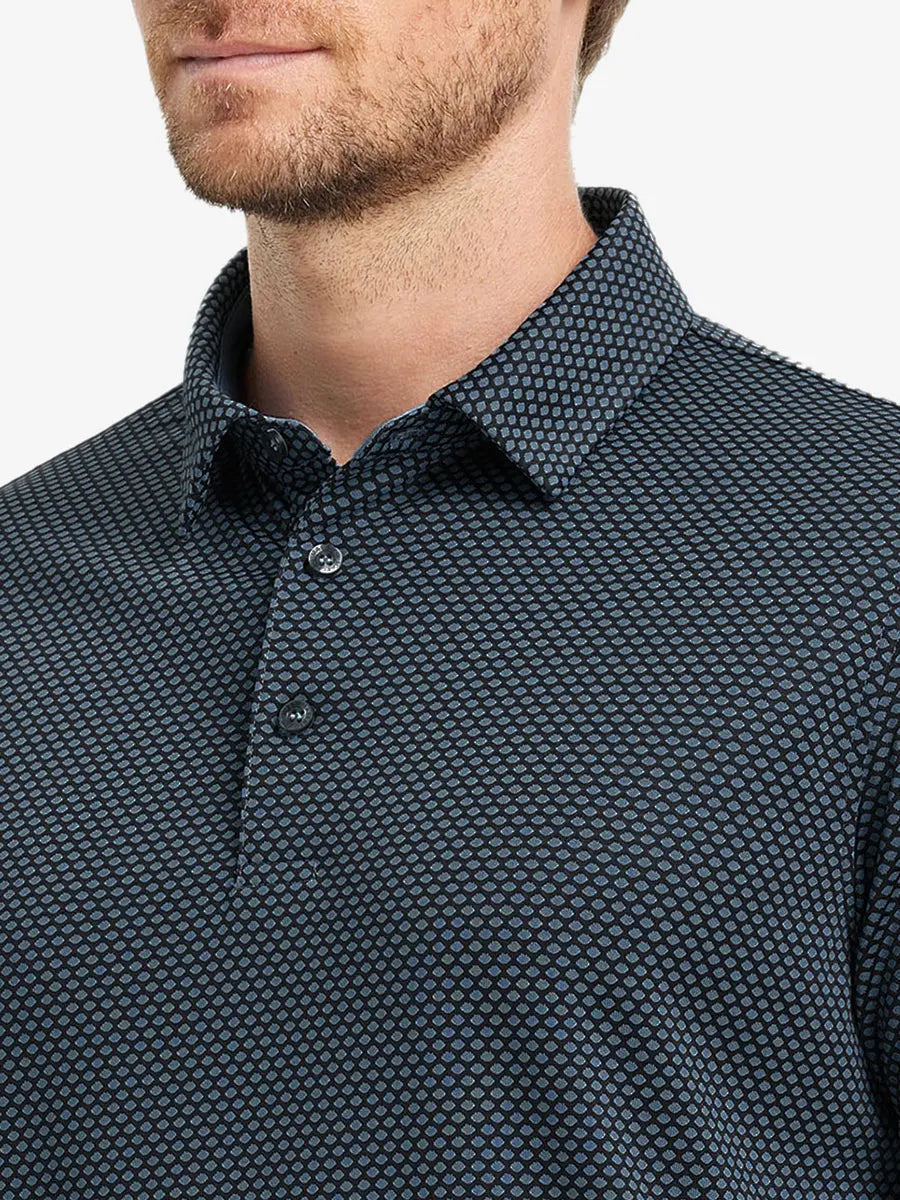 BLACK BLUE Your Favorite Jacquard Polo front view from nose to chest of model