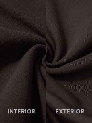 Inside and outer fabric close-up of coffee brown golf lightweight fleece lined dress pants, soft fleece lining.