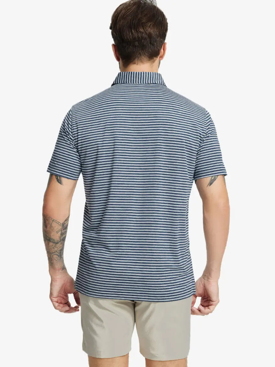 Back half-body shot of model showcasing the back of Sport Fit Stripe Polo in Dark Blue Stripe