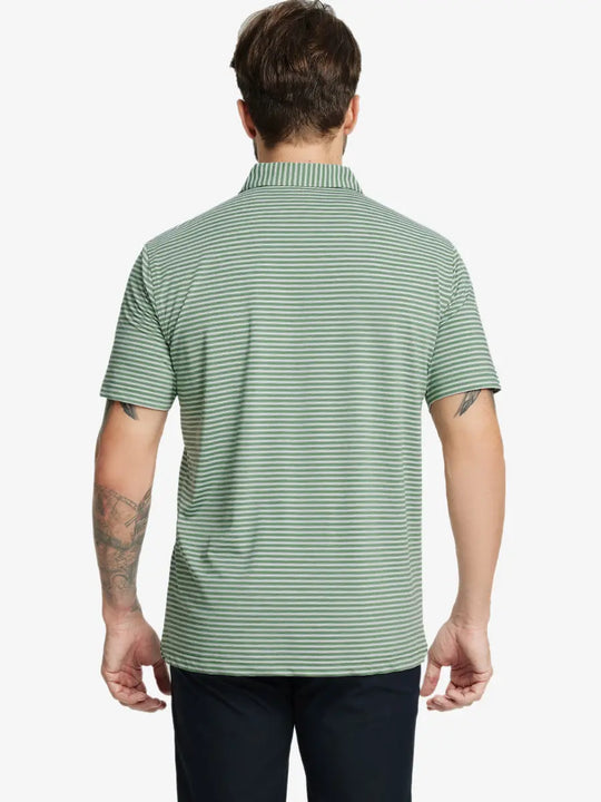 Back half-body shot of model showcasing the back of Sport Fit Stripe Polo in Dark Green Stripe