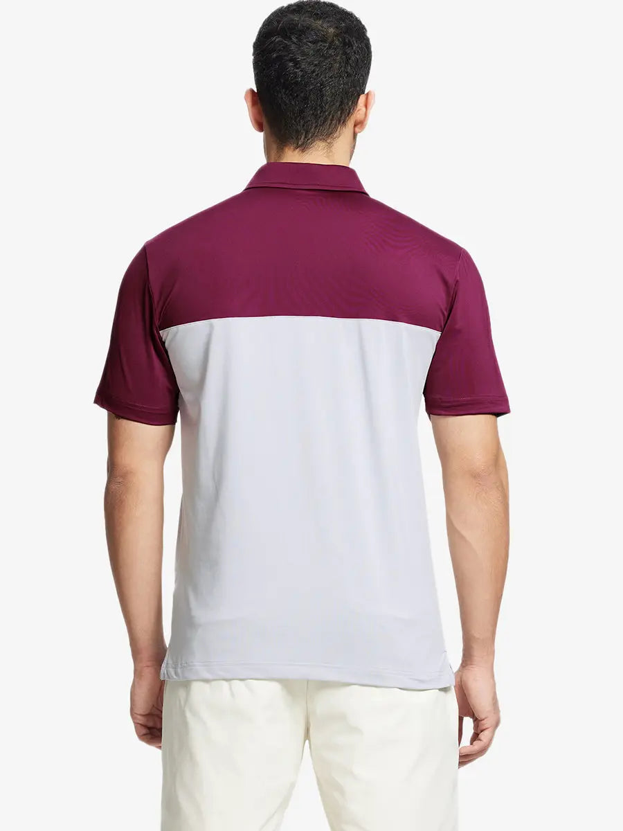 Back half-body view wearing GLACIER GREY Premium Performance Polo