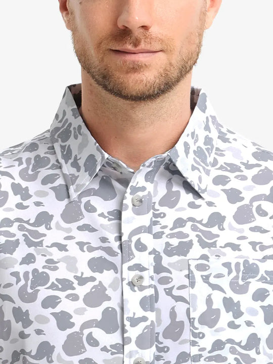 Front view from nose to chest wearing GREY CAMO Stylish Printing Summer Shirt.