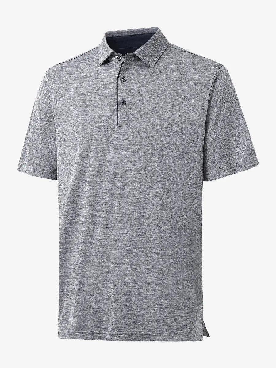 3D view highlighting Modern Fit Melange Polo in GREY HEATHER, showcasing fabric weave and tailored fit.