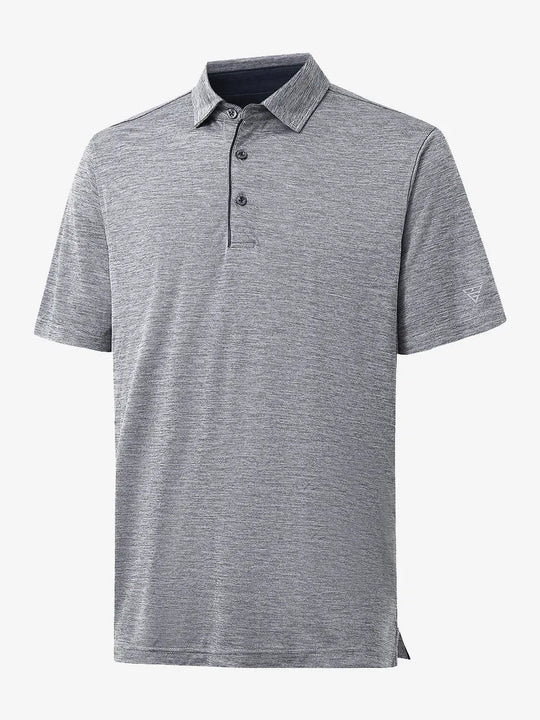 3D view highlighting Modern Fit Melange Polo in GREY HEATHER, showcasing fabric weave and tailored fit.