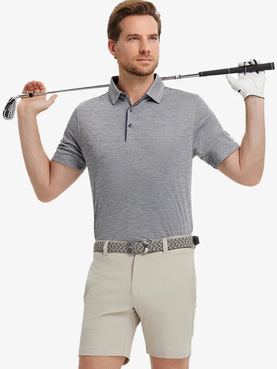 Model in Modern Fit Melange Polo GREY HEATHER, front half-body holding golf club with casual style.