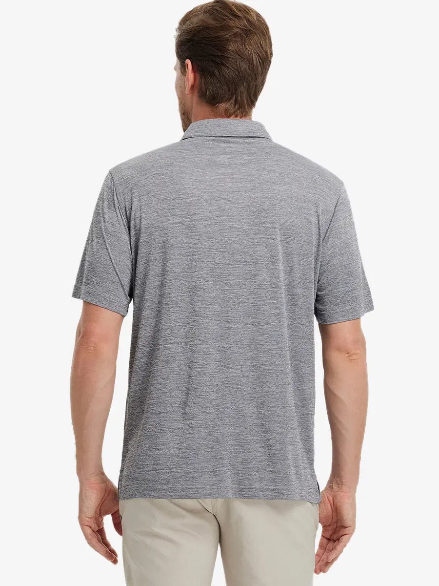 Rear half-body view of Modern Fit Melange Polo in GREY HEATHER, showing clean fit and fabric details.