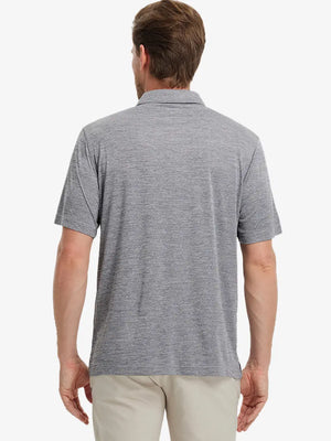 Rear half-body view of Modern Fit Melange Polo in GREY HEATHER, showing clean fit and fabric details.