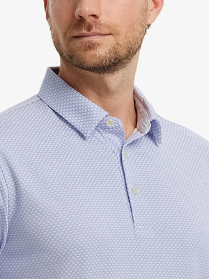 LAVENDER Your Favorite Jacquard Polo front view from nose to chest of model