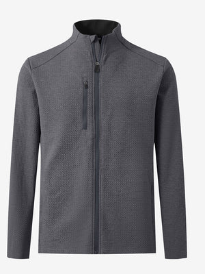 3D front view of textured insulated winter jacket showing insulated layers and sleek design, grey heather.