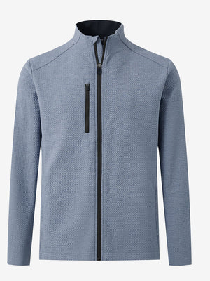 3D front view of textured insulated winter jacket showing insulated layers and sleek design, blue heather.