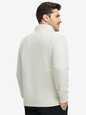 Back upper body view of model wearing textured insulated winter jacket, smooth finish, beige.
