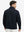 Back upper body view of model wearing textured insulated winter jacket, smooth finish, navy.