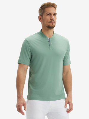 Front half-body view of model wearing grey green moisture-wicking short sleeve henley shirt