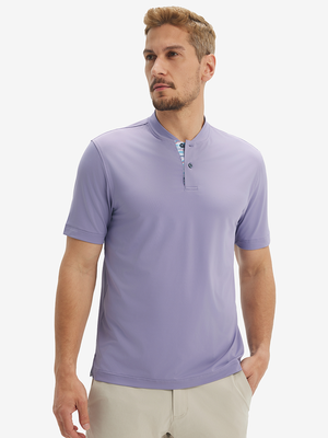 Front half-body view of model wearing lavender moisture-wicking short sleeve henley shirt