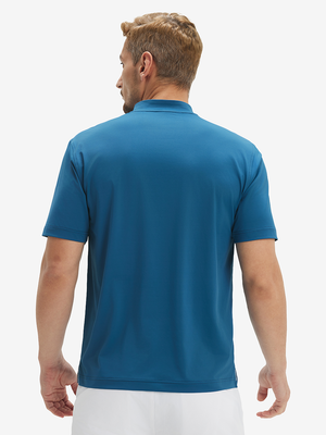 Side-back half-body view of model in blue moisture-wicking short sleeve henley shirt