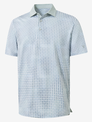 3D view of bluish abstract lightweight stretch upgraded print golf polo shirts.