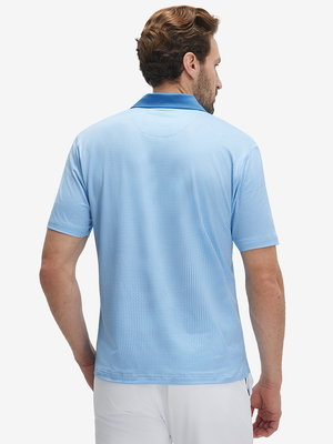 Back half-body of model in light blue geo lightweight stretch upgraded print golf polo shirts
