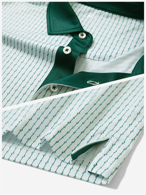 Detail: collar and hem slit of white green lines lightweight stretch upgraded print golf polo shirts